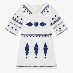 Guess-Girls White & Blue Cotton Dress | Childrensalon Outlet