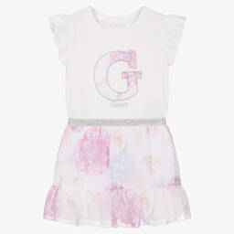 Guess-طقم تنورة قطن وشيفون لون أبيض وزهري | Childrensalon Outlet