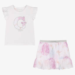 Guess-طقم تنورة قطن وشيفون لون أبيض وزهري | Childrensalon Outlet