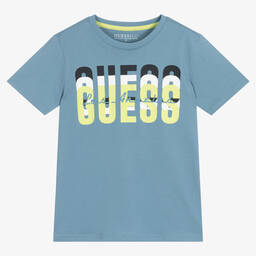 Guess-Junior Boys Blue Cotton Logo T-Shirt | Childrensalon Outlet