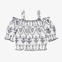 Guess-بلوزة قطن برودوري لون أبيض وكحلي للبنات | Childrensalon Outlet