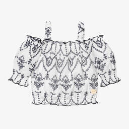 Guess-بلوزة قطن برودوري لون أبيض وكحلي للبنات | Childrensalon Outlet