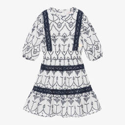 Guess-Junior Girls White & Blue Cotton Broderie Dress | Childrensalon Outlet
