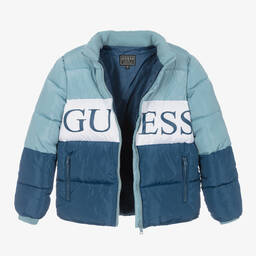Guess-Teen Boys Blue Hooded Puffer Jacket | Childrensalon Outlet