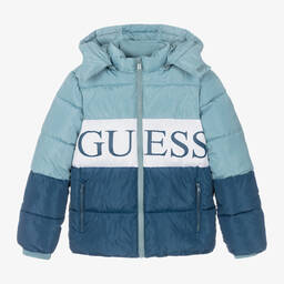Guess-Teen Boys Blue Hooded Puffer Jacket | Childrensalon Outlet