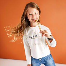 Guess-Teen Girls Ivory Cotton Diamanté Top  | Childrensalon Outlet