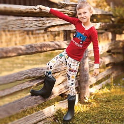 Little Blue House by Hatley-Boys Red & Beige Cotton Tractor Pyjamas | Childrensalon Outlet