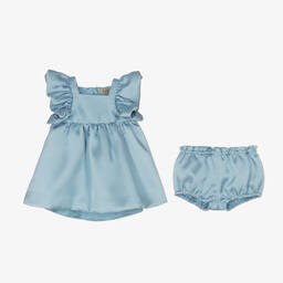 Hucklebones London-Baby Girls Blue Satin Twisted Sleeve Dress | Childrensalon Outlet