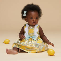 Hucklebones London-Золотистое платье и трусики из ламе с лимонами | Childrensalon Outlet