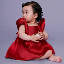 Hucklebones London-Baby Girls Red Satin Twisted Sleeve Dress | Childrensalon Outlet