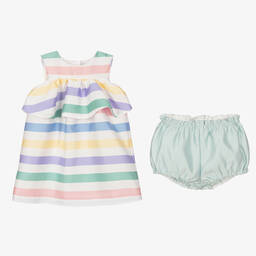 Hucklebones London-فستان أطفال بناتي ساتان تويل مقلم لون أبيض | Childrensalon Outlet