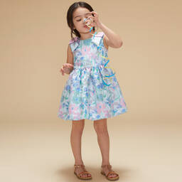Hucklebones London-Голубое жаккардовое платье с цветочным узором | Childrensalon Outlet