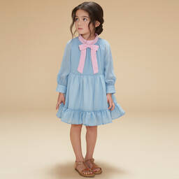 Hucklebones London-Голубое шифоновое платье с розовым бантом | Childrensalon Outlet