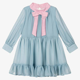 Hucklebones London-Голубое шифоновое платье с розовым бантом | Childrensalon Outlet