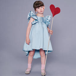 Hucklebones London-Girls Blue Satin Ruffle Sleeve Dress | Childrensalon Outlet