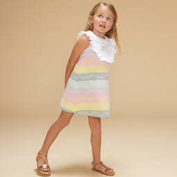 Hucklebones London-فستان جاكارد مقلم لون زهري وأصفر بطبعة ورود | Childrensalon Outlet