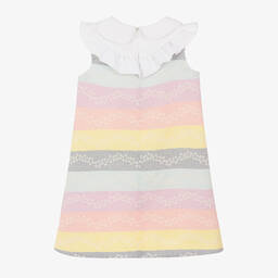 Hucklebones London-فستان جاكارد مقلم لون زهري وأصفر بطبعة ورود | Childrensalon Outlet