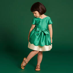 Hucklebones London-Girls Green Satin Bow Dress | Childrensalon Outlet