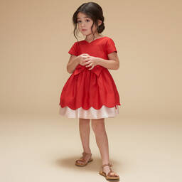 Hucklebones London-Girls Red Cotton Twill Dress | Childrensalon Outlet