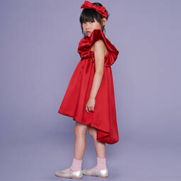 Hucklebones London-Girls Red Satin Ruffle Sleeve Dress | Childrensalon Outlet