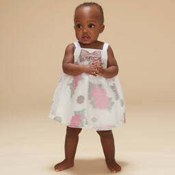 Hucklebones London-Белое платье из органзы с розовыми цветами | Childrensalon Outlet