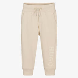 HUGO-Boys Beige Cotton Logo Joggers | Childrensalon Outlet