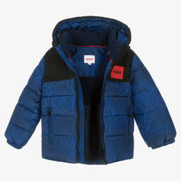 HUGO-Boys Blue Hooded Puffer Jacket | Childrensalon Outlet