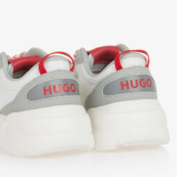 HUGO-Boys Grey & White Mesh Lace-Up Trainers | Childrensalon Outlet