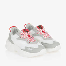 HUGO-Boys Grey & White Mesh Lace-Up Trainers | Childrensalon Outlet