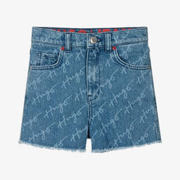 HUGO-Girls Blue Denim Logo Shorts | Childrensalon Outlet
