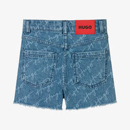 HUGO-Girls Blue Denim Logo Shorts | Childrensalon Outlet