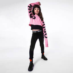 هيوغو-سويتشيرت قطن جيرسي لون زهري وأسود للبنات | Childrensalon Outlet