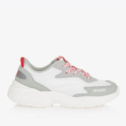 HUGO-Teen Boys Grey & White Mesh Lace-Up Trainers | Childrensalon Outlet