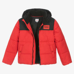 هيوغو-جاكيت بافر هودي لون أسود وأحمر تينز ولادي | Childrensalon Outlet