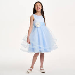 iAMe-فستان أزرق أنيق من التول المزخرف بالورود | Childrensalon Outlet