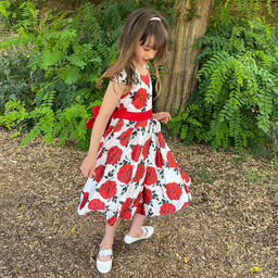 iAMe-فستان ساتان لون أبيض وأحمر بطبعة ورود | Childrensalon Outlet