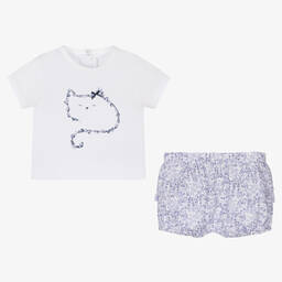 iDO Mini-طقم شورت مزيج قطن لون أبيض وأزرق بطبعة ورود | Childrensalon Outlet