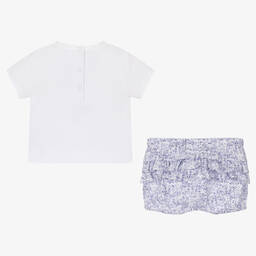iDO Mini-طقم شورت مزيج قطن لون أبيض وأزرق بطبعة ورود | Childrensalon Outlet
