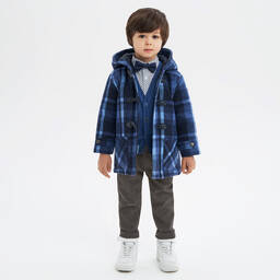 iDO Baby-Boys Blue Check Hooded Coat | Childrensalon Outlet