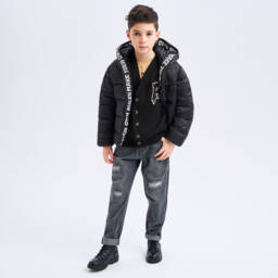 iDO Junior-Boys Hooded Black Waterproof Jacket | Childrensalon Outlet