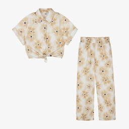 iDO Junior-Girls Beige Floral Cotton Trouser Set | Childrensalon Outlet