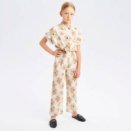 iDO Junior-Girls Beige Floral Cotton Trouser Set | Childrensalon Outlet