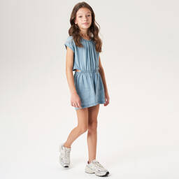 iDO Junior-Girls Blue Chambray Cut Out Playsuit | Childrensalon Outlet