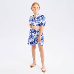 آي دو Junior-بلوزة كروب قطن بوبلين لون أبيض وأزرق بطبعة ورود | Childrensalon Outlet