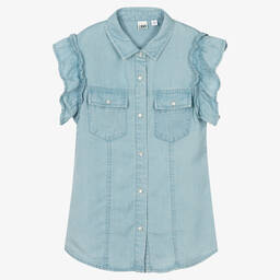 iDO Junior-Girls Blue Ruffled Chambray Shirt | Childrensalon Outlet