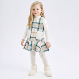 iDO Малыши-Бежево-синее трикотажное платье в клетку для девочек | Childrensalon Outlet