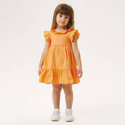 iDO Baby-فستان مزيج بوبلين لون برتقالي فاقع مزين بكشكش | Childrensalon Outlet