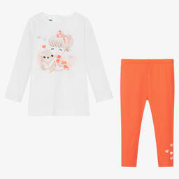 iDO Baby-طقم ليغنغز قطن لون برتقالي وأبيض للبنات | Childrensalon Outlet