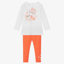 iDO Baby-طقم ليغنغز قطن لون برتقالي وأبيض للبنات | Childrensalon Outlet