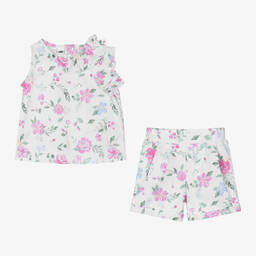 iDO Baby-Girls White Cotton Floral Shorts Set | Childrensalon Outlet